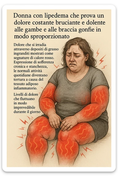 "Woman with lipedema experiencing constant burning and aching pain in disproportionately swollen legs and arms, pain radiating through enlarged fat deposits shown as red heat signatures, expression of chronic suffering and exhaustion, normal daily activities becoming torture due to inflammatory adipose tissue, pain levels fluctuating unpredictably throughout the day" scritte in italiano sticker
