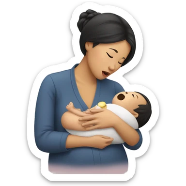 Asian woman gives her baby a pacifier sticker