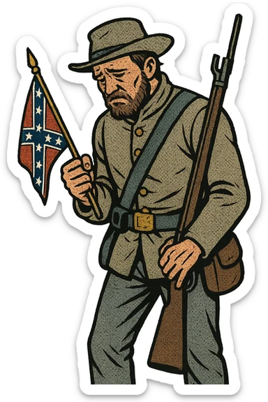 The full body of a Confederate soldier from the American Civil War holding a small confederate flag and his rifle. He is looking defeated. sticker