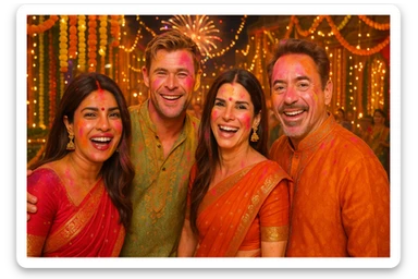 a group of international celebrities celebrating an Indian festival, joyful, bright colors sticker