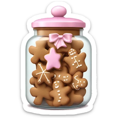 Realistic glass cookie jar with light pink lid full of gingerbread cookies isolated.  sticker