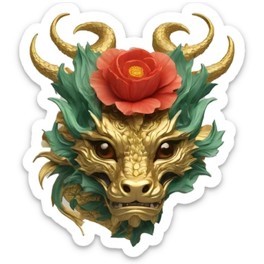Intricate floral flower red and black and gold and jade dragon face with flowers poppies roses detailed sticker