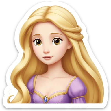Cinematic Timeless Rapunzel Portrait Emoji, rendered in a clean, vector style. Depict Rapunzel with porcelain skin, beautifully styled long golden hair, and a serene, graceful expression, dressed in her classic gown. The design features bold, clean lines, a soft, magical glow, and a subtle glowing outline that captures her timeless, fairy-tale beauty. sticker