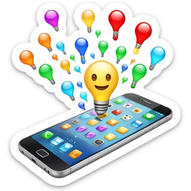 Generate a realistic emoji of a smartphone where a lot of things like data, ideas, inventions and creative stuff coming out of it. Whats coming  out of it spreads in the air  sticker