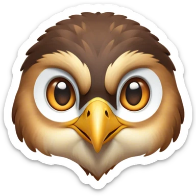 Cinematic Cute Hawk Portrait Emoji, Head tilted playfully and inquisitively, featuring a compact, streamlined form with a delicately curved beak and round, sparkling eyes full of curious charm, Simplified yet irresistibly adorable features, highly detailed, glowing with a warm, inviting glow, high shine, affectionate and lively, stylized with a touch of whimsical aerial grace, soft glowing outline, capturing the essence of a mischievous yet endearing hawk that seems as if it could swoop out of the screen into your heart! sticker