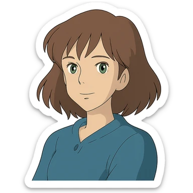 ghibli style illustration of a woman with brown hair and green eyes sticker