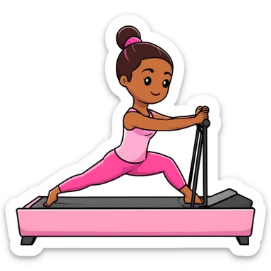 Brown girl in pink outfit on pink reformer pilates sticker