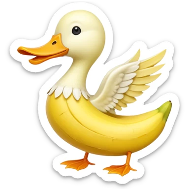 A whimsical creature shaped like a peeled banana with a duck’s head, wings made from the banana peel, fuzzy white and yellow skin, and orange beak and feet sticker