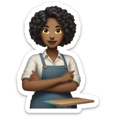 A painter woman with black curly hair, brown eyes and a paint palette in her hand sticker
