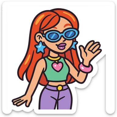 Y2K style girl with red hair, shiny accessories, pastel colors sticker