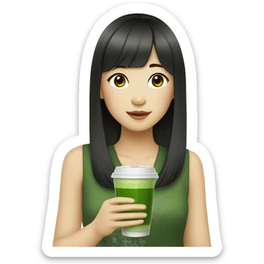 Asian girl with long hair, light skin, dark eyes, and bangs drinking matcha   sticker