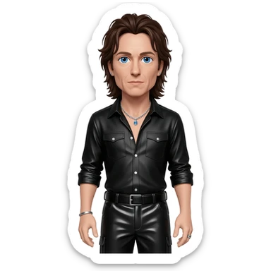 Bono with blue eyes, long dark brown hair, black metallic shirt, black metallic baggy pants, silver necklace sticker