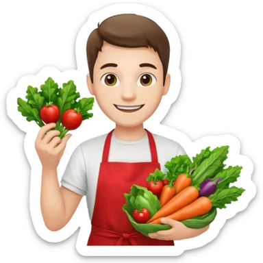 guy white t-shirt red apron smiling with vegetables sticker