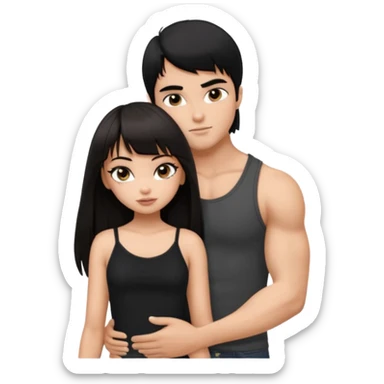 generate a pretty bratz girl in black cami top, dark brown straight long hair with bangs, eyeliner on, 

hugging a handsome muscular boy with black hair and a grey tshirt sticker