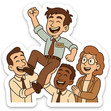 Edit the cartoonish office celebration scene to make all people white/pale European/Slavic. Keep the junior sales official in business attire being lifted up by coworkers. Maintain the cartoonish office celebration style with a transparent background. sticker