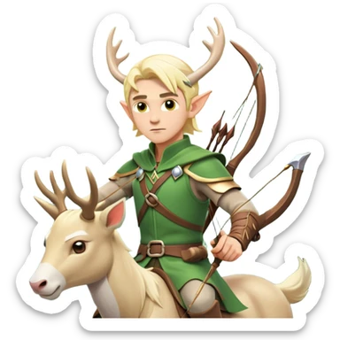 clash-of-clans-aesthetic-blond-male elf-archer-portrait-emoji, rendered in a flat, vector-style with minimal shading and bold, simplified shapes, head tilted slightly forward with a determined, focused expression, riding a majestic white stag whose antlers glow with mystical energy, set against an ancient, enchanted forest backdrop. sticker