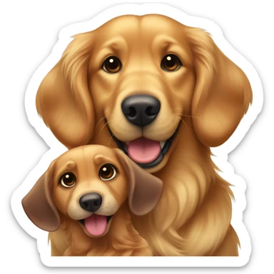 Golden retriever with a little thinking bump on head with a big smile on his face holding a brown dachshund stuffed animal toy sticker