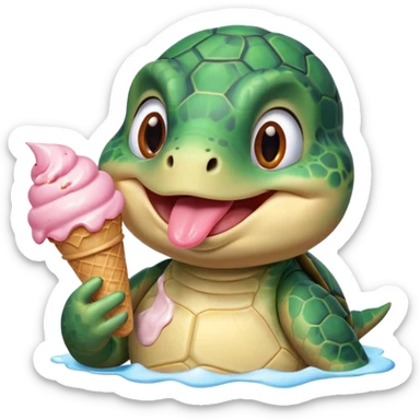 cute turtle portrait, head and shoulders only, licking an ice cream cone, funny happy expression, 3D cartoon, mobile game icon style, clean background, no text, no watermark
 sticker