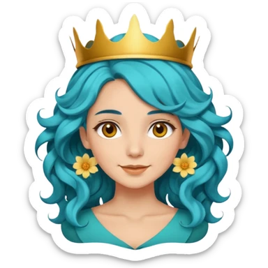 A woman with wavy teal-blue hair styled in loose curls. Her hair is adorned with large golden-yellow flower petals that resemble a crown. She has soft brown eyes, smooth skin, and a small friendly smile on her face. sticker