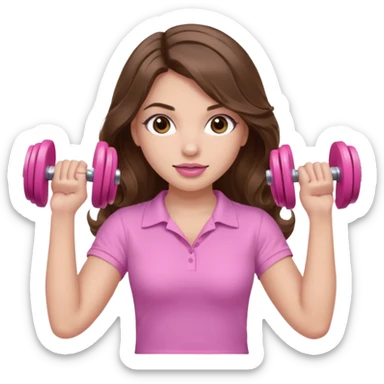 girl with wavy long brown hair, brown eyes, light to medium complexion, long lashes, light pink lipstick, wearing light pink shirt, lifting a pink dumbells sticker