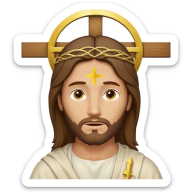 Christian cross with a halo above it and Jesus Christ on it, simplified, iconic, yellow face, gentle expression sticker