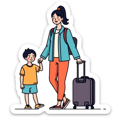 Asian tourist with suitcase, travel outfit sticker