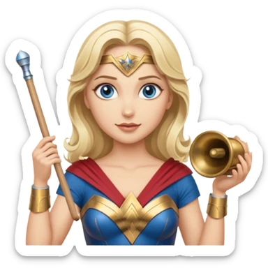 Blonde blue eyed Wonder Woman holding white orchestra conductor’s baton and bell sticker