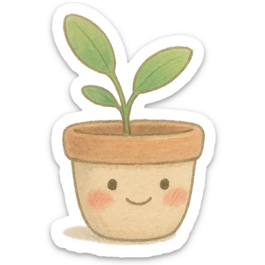 tiny pastel plant pot, Japanese soft hand-drawn, full object, with blushing cheeks sticker