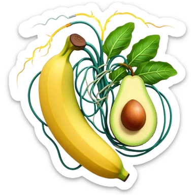 Banana, avocado, potato and leafy greens emitting electrical sparks that flow toward a heart and nervous system. The electrical currents connect the potassium-rich foods to muscles and nerves, highlighting potassium's role as the body's electrical rhythm keeper. sticker