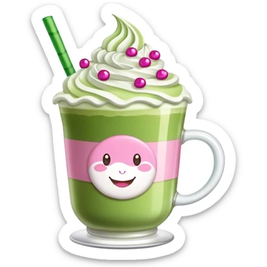Make a matcha latte with whipped cream and fancy pink decorations  sticker