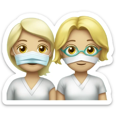 Two blonde children, sick, each in their own bed, wearing surgical masks, one Boy, one girl, at home, get well soon sign with yellow heart sticker