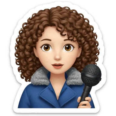 curly haired woman with winter clothes holding microphone sticker