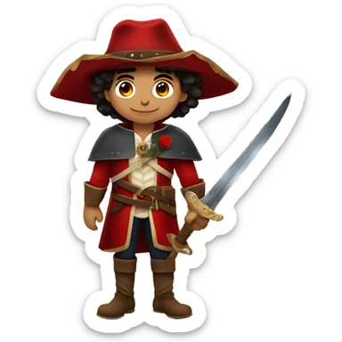 canela skin boy dark hair musketeer with hat and red rose shoulder medieval cape and sword and red feathers in the hat sticker