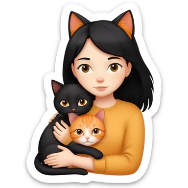A black-haired girl hugs a ginger cat and A black cat sticker