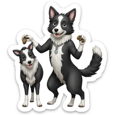 A black and white border collie werewolf, standing on her hind legs, holding a cow's hoof. sticker