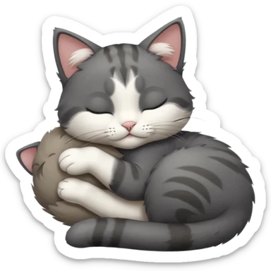 dark grey and white small cat with closed eyes, leaning his head on his paw while leaning on his elbow lying down sticker