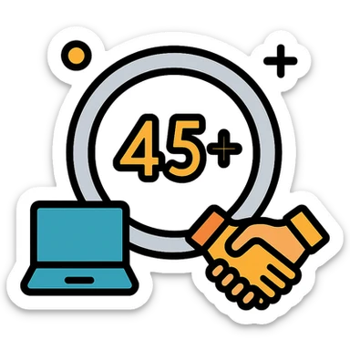 silver ring with number 45+ in center, surrounded by small icons of laptop and handshake, representing opportunities for older professionals, friendly professional style sticker