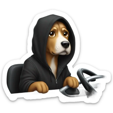Person wearing black hoodie with dog on it draving a car  sticker
