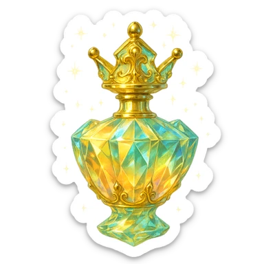 premium class crystal elixir bottle shaped like a crown, pastel gradient of yellow, orange, and green, lots of shine, facets, ornaments, golden details, magical effects, very small golden neck, transparent background, beautiful merging base, clearly floating in air, no base or shadow, very luxurious, interesting design, fits a collection sticker
