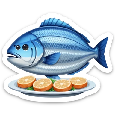 Fish dishes avatar in bright emoji-style illustration. Grilled fish, fillets, and seafood, blue and silver tones, simple shapes, flat design, fresh and flavorful. sticker