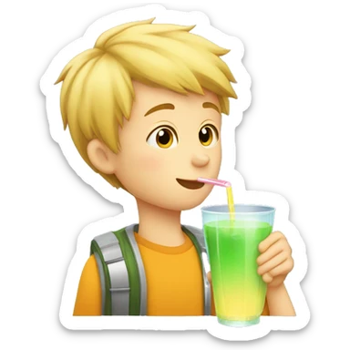 A blonde boy sucking or drinking juice with a straw while his hand is holding the drink, profile view sticker