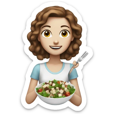 White girl with freackles Brown hair blue eyes eating Tofu salad with fork sticker