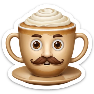 humorous cappuccino cup emoji with exaggerated Italian features like mustache and expressive dazed silly eyes, representing Italian brainrot cappuccino sticker