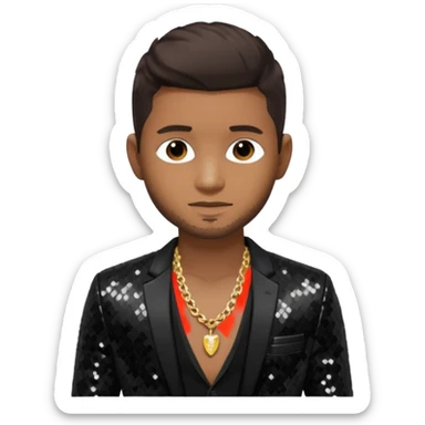 Usher with dark brown hair, black sequin suit jacket, shirtless with necklace sticker