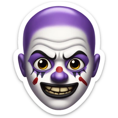 evil clown, bald top of head, purple hair on side of his head that stick out, scars on his face, black lipstick sticker
