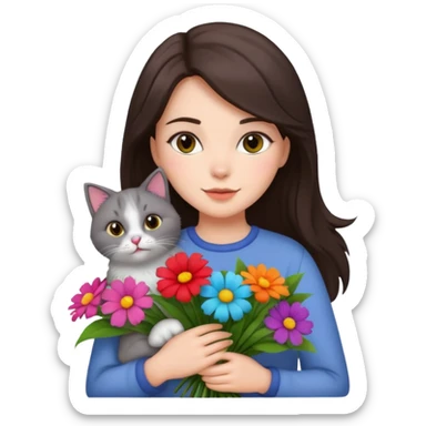 brunette woman holding bouqet and cat sticker