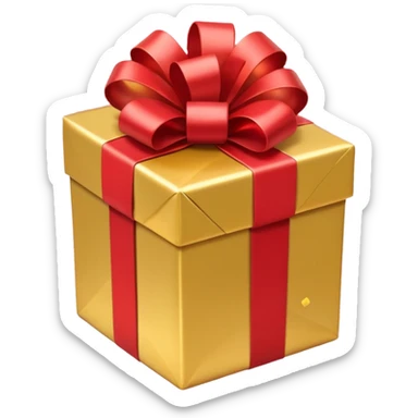 present with gold wrapping and red ribbon with top off and confetti coming out sticker