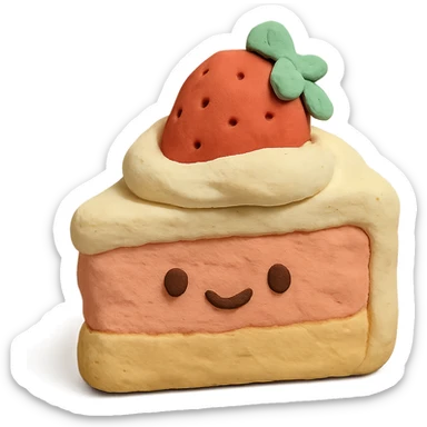 cute strawberry cake with whipped cream, smiling face, kawaii, soft light, hand-drawn look sticker