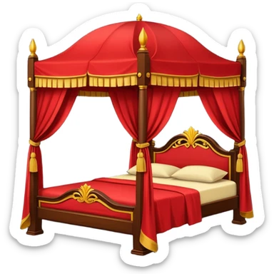 bed with red and gold sheets, wooden, canopy, simple, dark sticker