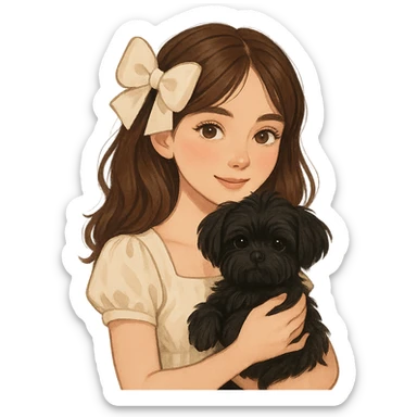 brown haired beautiful girl with a coquette hair accessory and a cute black Maltese dog sticker